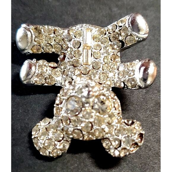 VTG Brooch Teddy Bear Rhinestone Silver Tone Bling Crystal Pin Sparkle Shine Pin - Picture 4 of 11